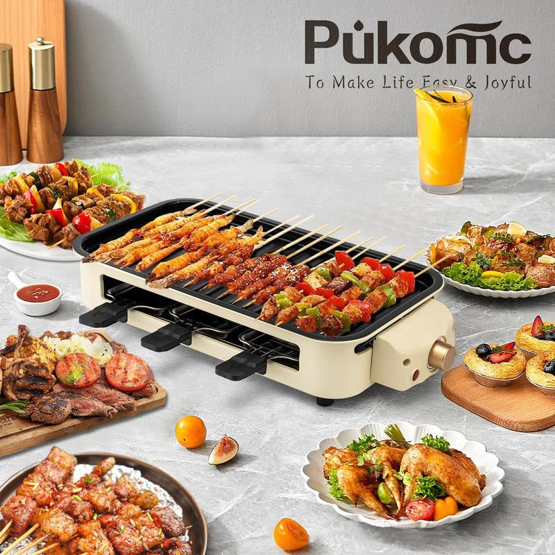 Pukomc 1500W Yellow Electric Grill—Smokeless Indoor Cooking with Non-Stick Plate, 3 Raclette Pans & Dishwasher-Safe Parts. Great for Steaks, Hot Dogs & More! Master Grill