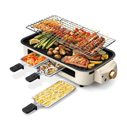 Pukomc 1500W Yellow Electric Grill—Smokeless Indoor Cooking with Non-Stick Plate, 3 Raclette Pans & Dishwasher-Safe Parts. Great for Steaks, Hot Dogs & More! Master Grill