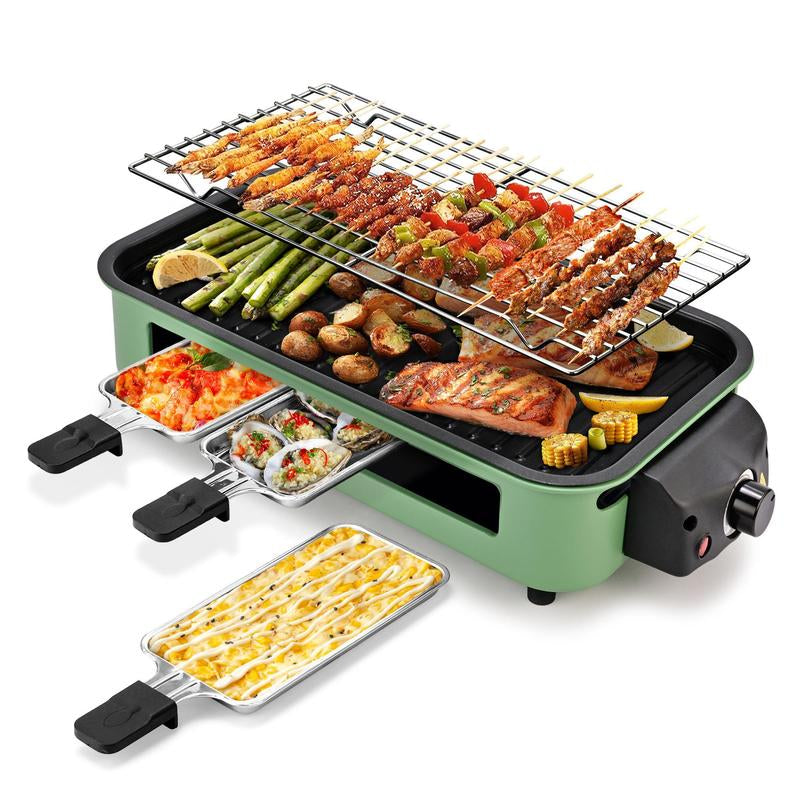 Pukomc 1500W Yellow Electric Grill—Smokeless Indoor Cooking with Non-Stick Plate, 3 Raclette Pans & Dishwasher-Safe Parts. Great for Steaks, Hot Dogs & More! Master Grill