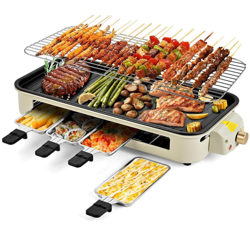Pukomc 1500W Yellow Electric Grill—Smokeless Indoor Cooking with Non-Stick Plate, 3 Raclette Pans & Dishwasher-Safe Parts. Great for Steaks, Hot Dogs & More! Master Grill