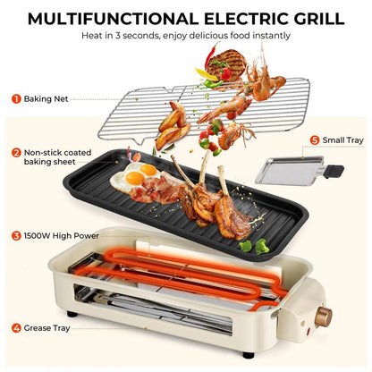 Pukomc 1500W Yellow Electric Grill—Smokeless Indoor Cooking with Non-Stick Plate, 3 Raclette Pans & Dishwasher-Safe Parts. Great for Steaks, Hot Dogs & More! Master Grill