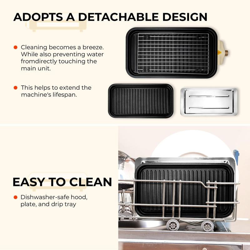 Pukomc 1500W Yellow Electric Grill—Smokeless Indoor Cooking with Non-Stick Plate, 3 Raclette Pans & Dishwasher-Safe Parts. Great for Steaks, Hot Dogs & More! Master Grill