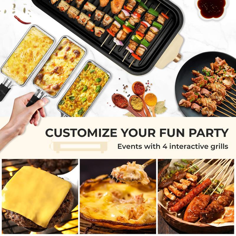Pukomc 1500W Yellow Electric Grill—Smokeless Indoor Cooking with Non-Stick Plate, 3 Raclette Pans & Dishwasher-Safe Parts. Great for Steaks, Hot Dogs & More! Master Grill