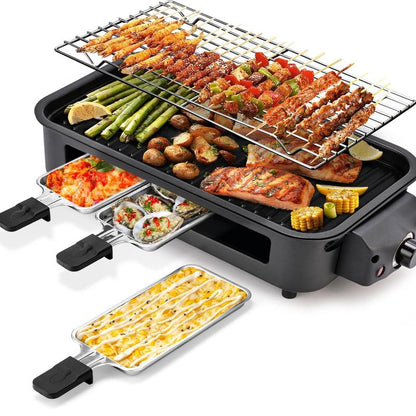 Pukomc 1500W Yellow Electric Grill—Smokeless Indoor Cooking with Non-Stick Plate, 3 Raclette Pans & Dishwasher-Safe Parts. Great for Steaks, Hot Dogs & More! Master Grill