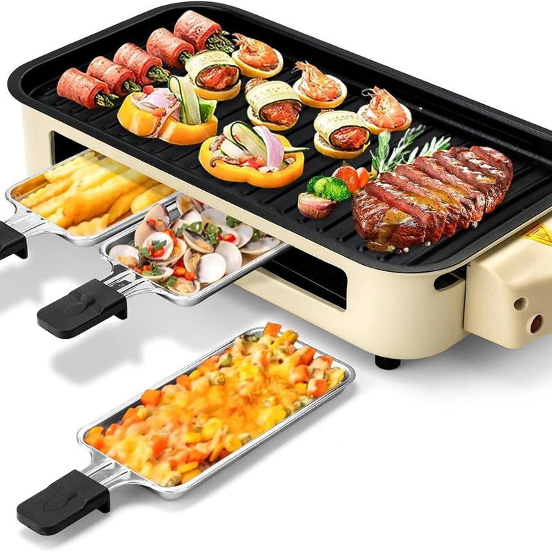 Pukomc 1500W Yellow Electric Grill—Smokeless Indoor Cooking with Non-Stick Plate, 3 Raclette Pans & Dishwasher-Safe Parts. Great for Steaks, Hot Dogs & More! Master Grill