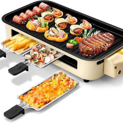 Pukomc 1500W Yellow Electric Grill—Smokeless Indoor Cooking with Non-Stick Plate, 3 Raclette Pans & Dishwasher-Safe Parts. Great for Steaks, Hot Dogs & More! Master Grill